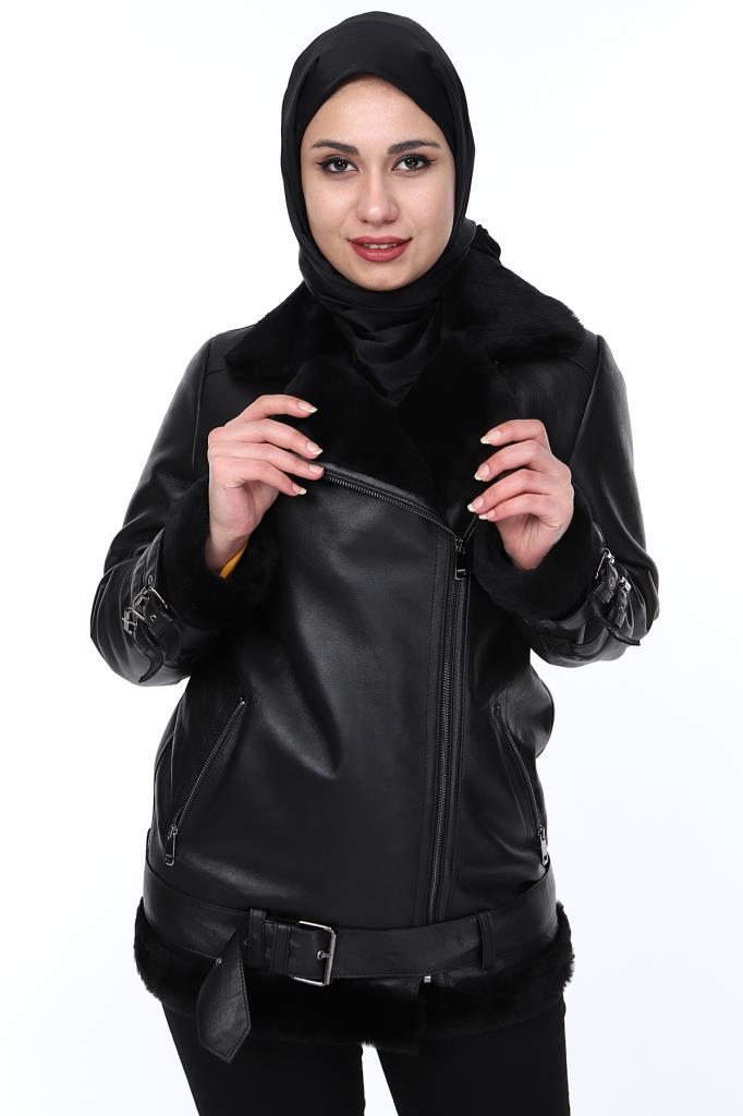 Hakiki Deri Siyah Kürklü Kemerli Kadın Deri Ceket