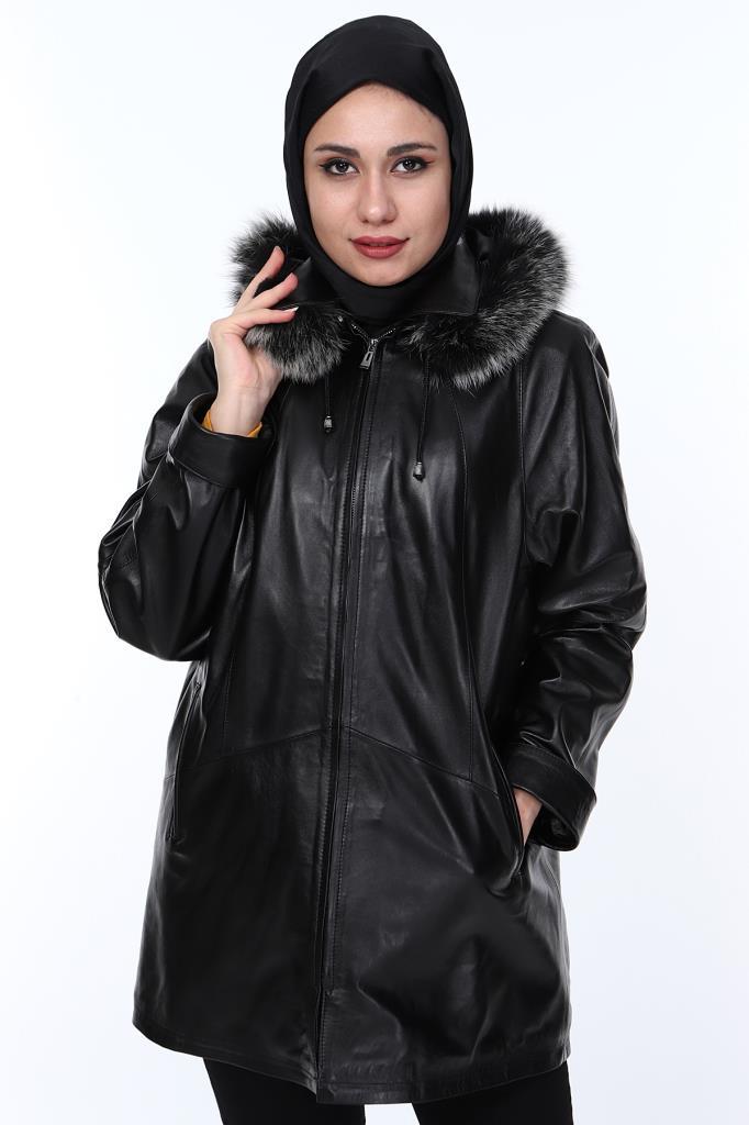 Hakiki Deri Siyah Kürklü Nancy Kadın Ceket