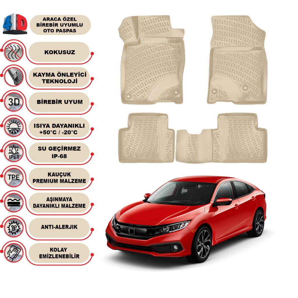 Honda Civic Rs Hatchback 2016-2021 Araca Özel 4D Oto Paspas Kokusuz Kauçuk (Bej)