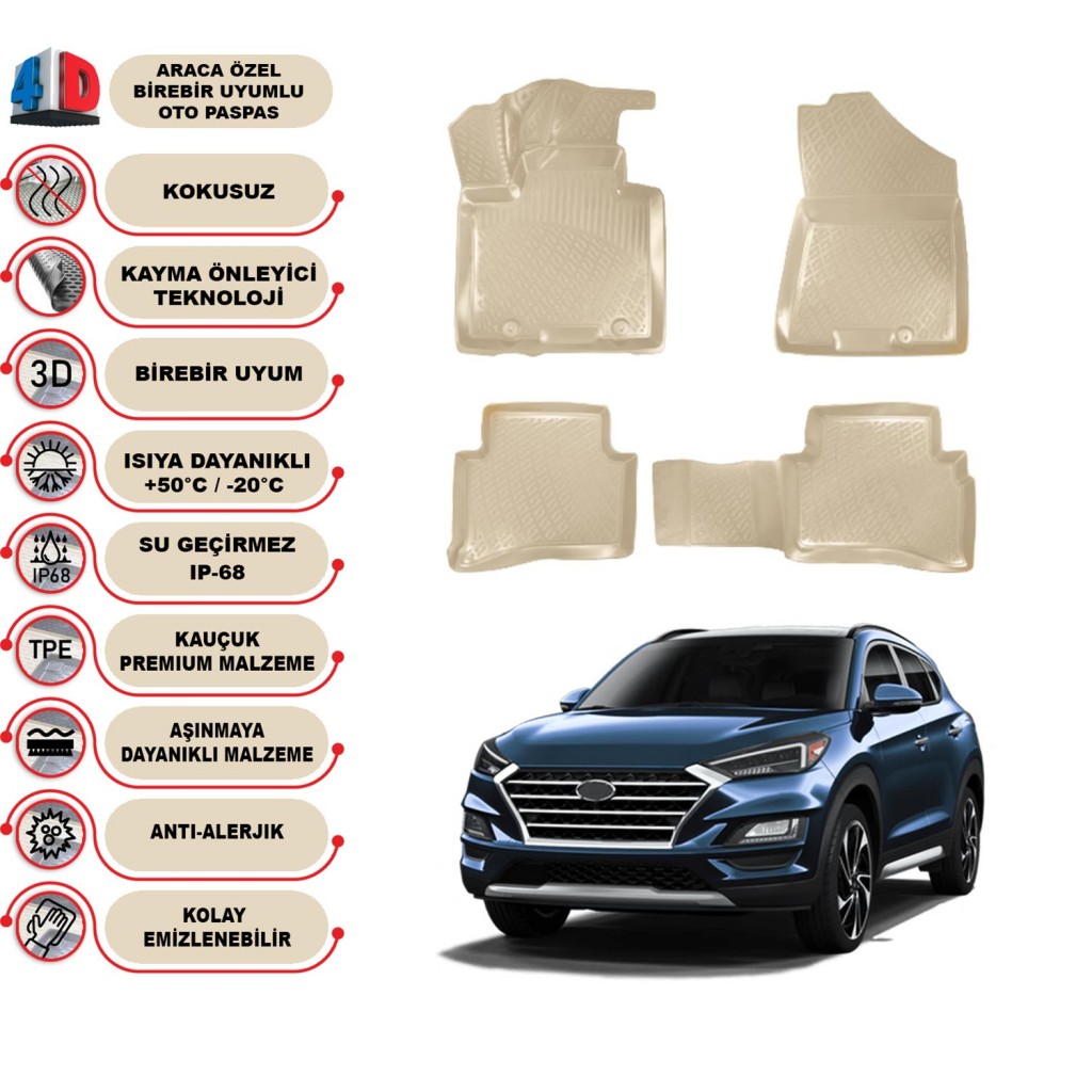 Hyundai Tucson 2015-2020 Araca Özel 4D Oto Paspas Kokusuz Kauçuk (Bej)