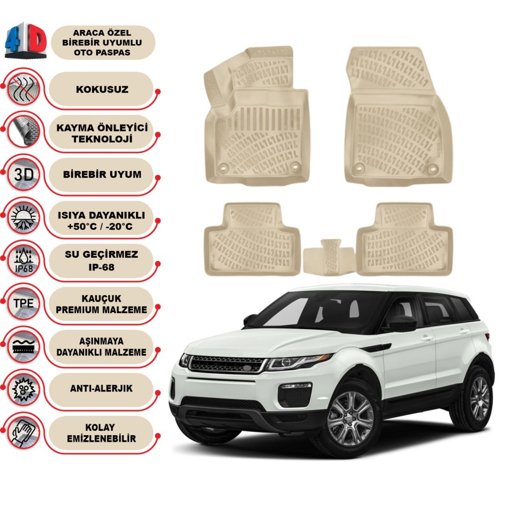 Range Rover Evoque 2011-2019 Araca Özel 4D Oto Paspas Kokusuz Kauçuk (Bej)