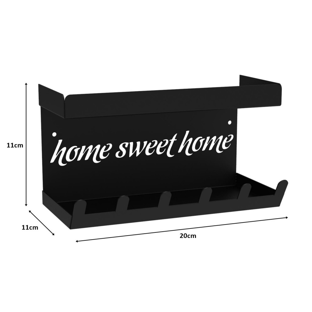 Siyah Raflı Anahtarlık - Home Sweet Home Temalı Kapı Girişi Duvar Askılığı