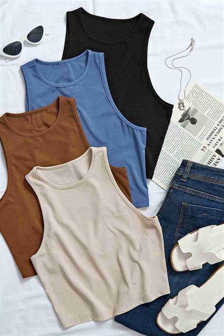 Markano 4Lü Paket 4 Renk Takım Kadın Kolsuz Örme Kumaş Bluz Crop Çok Renkli