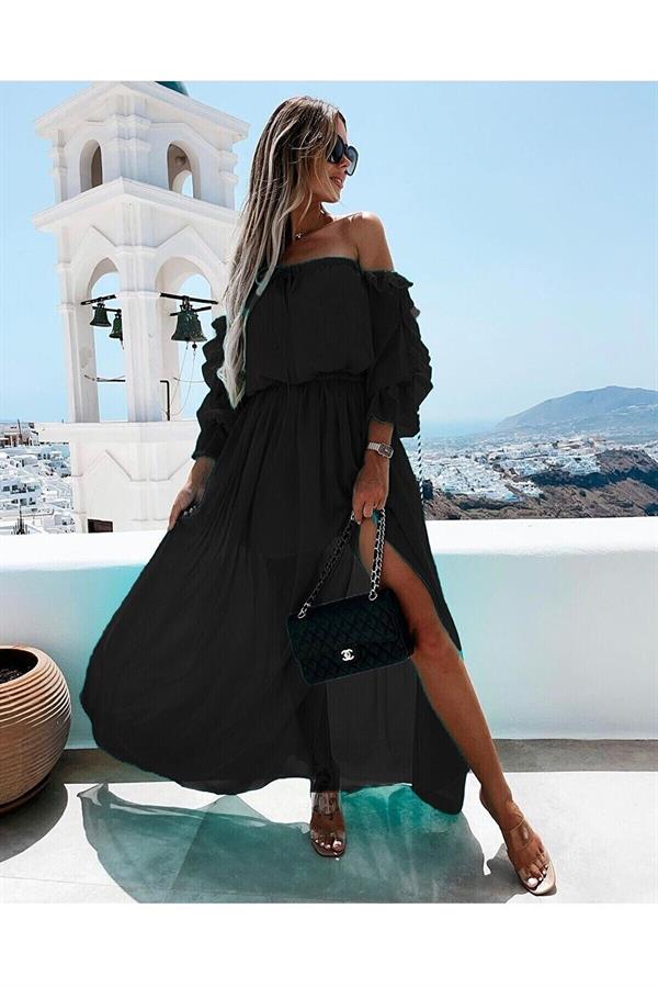 Markano Bel Büzgülü Şifon Elbise