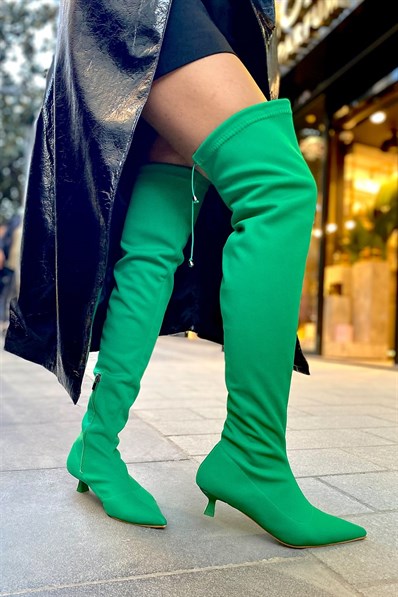 Markano Belenda Yeşil Mat Streç Diz Üstü Kadın Topuklu Çizme