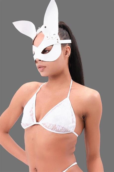 Markano Beyaz Deri Tavşan Kulaklı Maske Ve Sütyen Set 