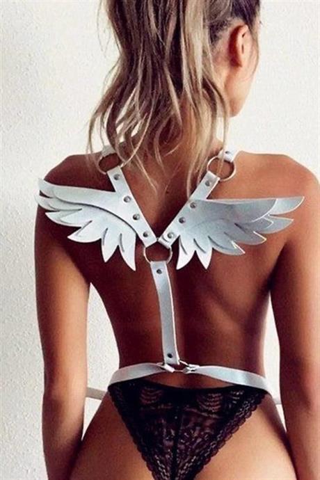 Markano Beyaz Sırtı Kelebekli Deri Harness Kostüm 