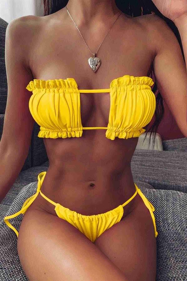 Markano  Brezilya Model Büzgülü Bağlamalı Bikini Takım Sarı