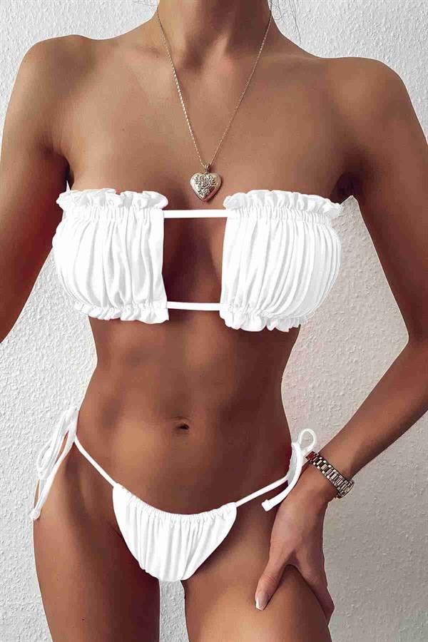 Markano  Brezilya Model Büzgülü Bağlamalı Bikini Üst Beyaz