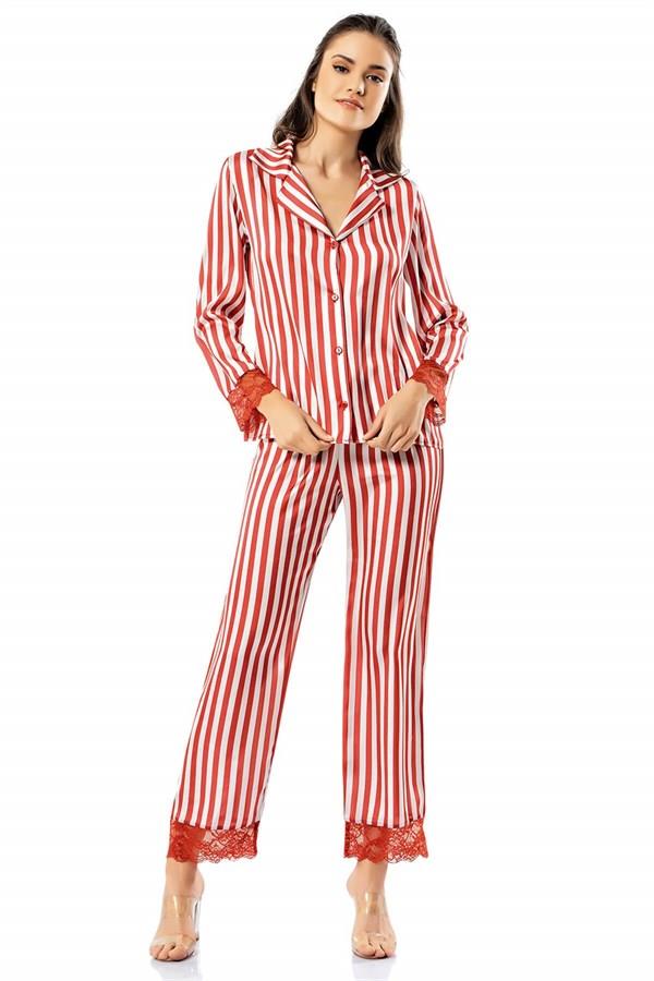 Markano  Çizgili Kiremit İkili Saten Gecelik Pijama Takımı
