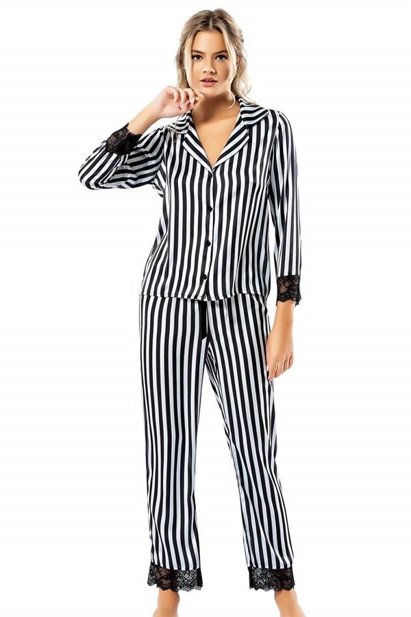 Markano  Çizgili Siyah İkili Saten Gecelik Pijama Takımı