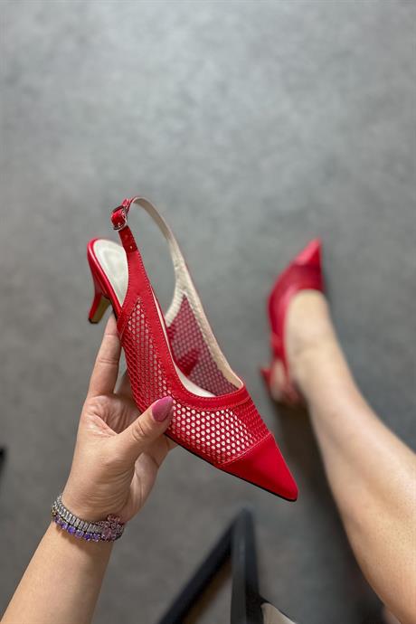 Markano Elva Kırmızı File Detaylı Kadın Topuklu Ayakkabı Ayakkabı