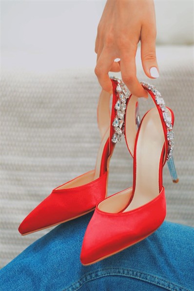 Markano Gent Kırmızı Saten Kadın Topuklu Ayakkabı
