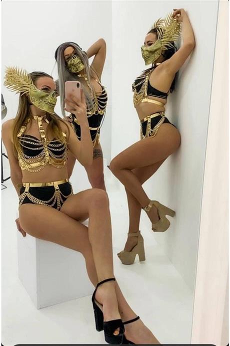 Markano Gold Üstüne Gold Zincirden Hazırlanmış Maske Hariç Deri Sexi Kostüm 