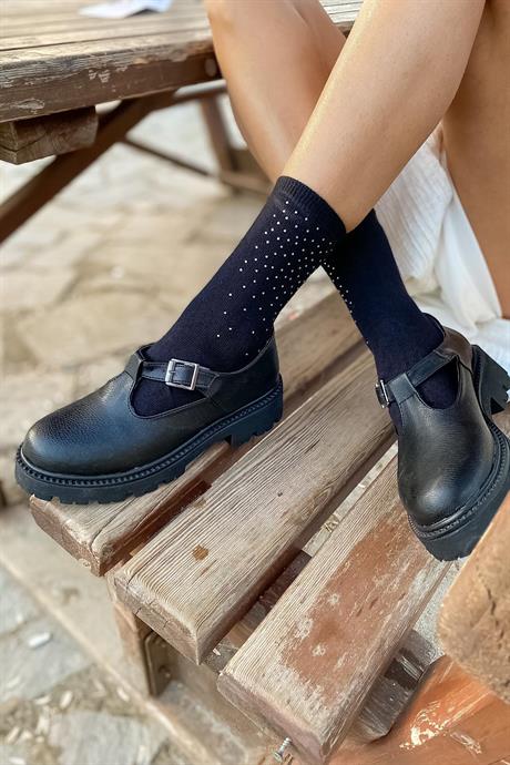 Markano Gray Siyah Cilt Tokalı Makosen Kadın Loafer Ayakkabı