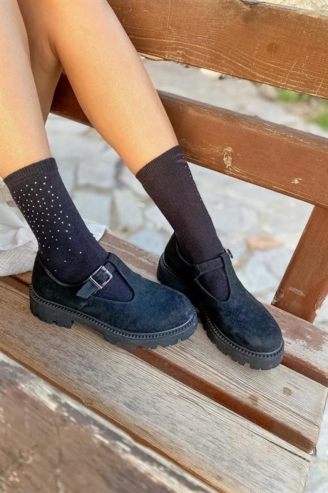 Markano Gray Siyah Süet Tokalı Makosen Kadın Loafer Ayakkabı