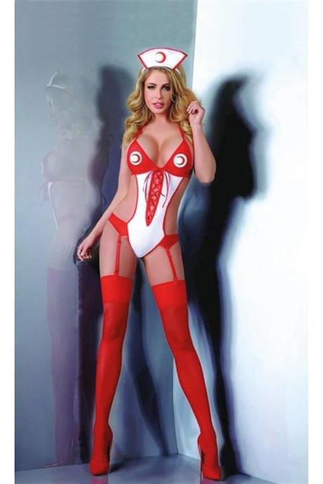 Markano Kırmızı Beyaz Jartiyer Çoraplı Fantezi Hemşire Kostümü