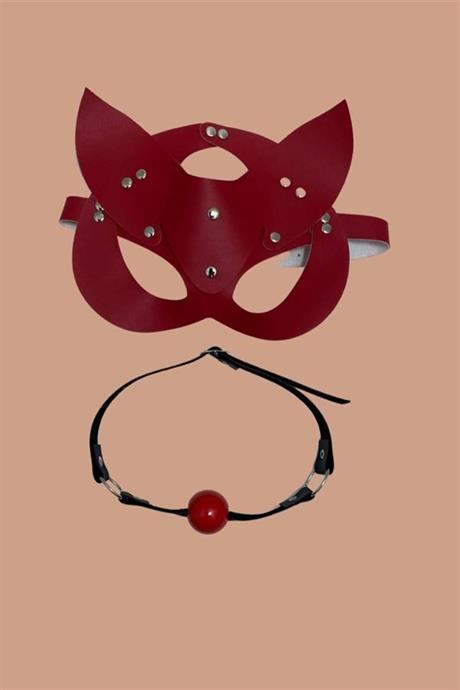 Markano Kırmızı Deri Maske Ve Ağız Topu Harness Aksesuar