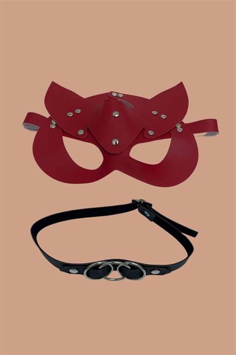 Markano Kırmızı Harness Sexi Maske Ve Siyah Boyun Deri Aksesuarı 