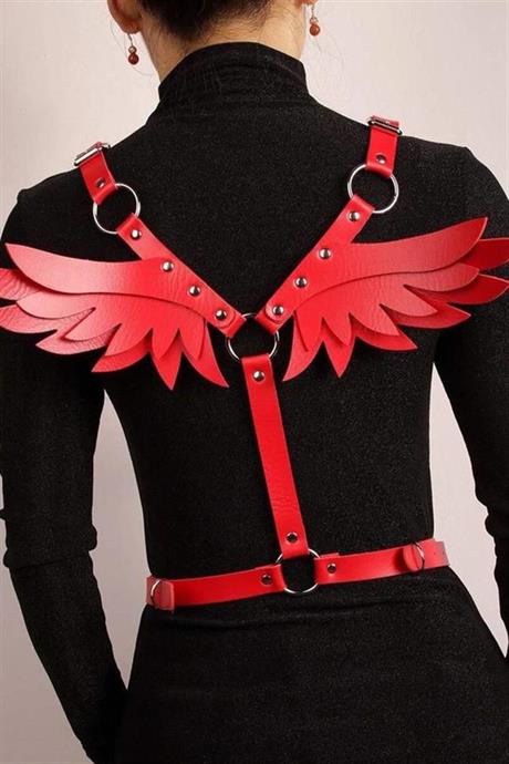 Markano Kırmızı Sırtı Kelebek Motifli Deri Harness İç Giyim 