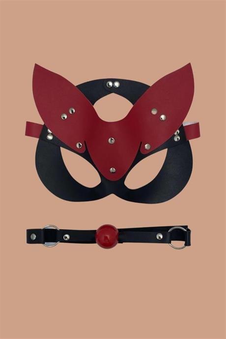 Markano Kırmızı/Siyah Maske Ve Ağız Topu Tasma Deri Set 