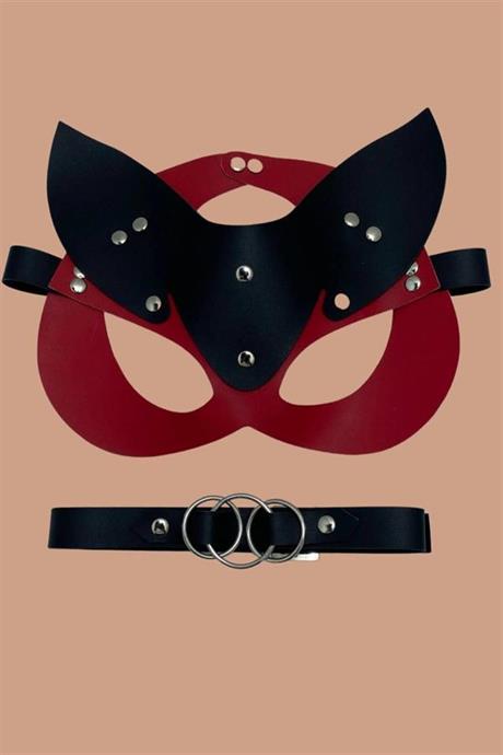 Markano Kırmızı/Siyah Maske Ve Çift Halkalı Tasma Deri Set 