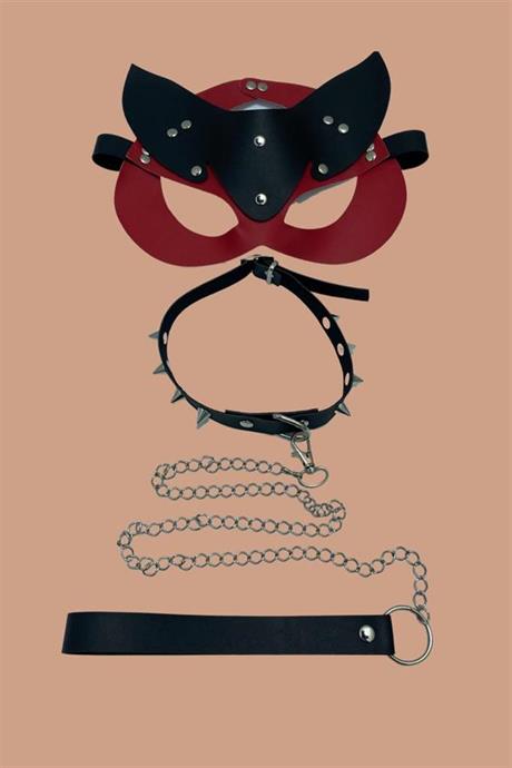 Markano Kırmızı/Siyah Maske Ve Çivili Tasma Deri Set 