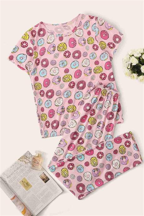 Markano Kısa Kollu Alt Uzun Donut Baskılı Pijama Takımı Çok Renkli