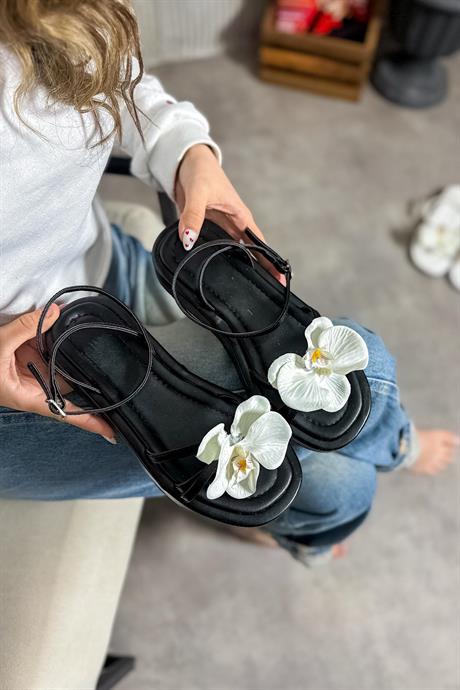 Markano Oils Siyah Çiçek Detaylı Kadın Sandalet