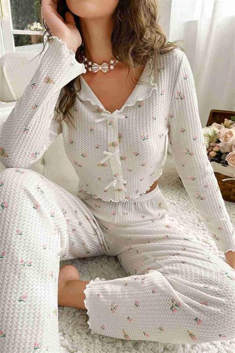 Markano Özel Örme Kumaş Baskılı Uzun Kollu Pijama Takımı Çok Renkli