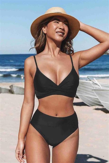 Markano Özel Tasarım Önden Çarpraz Yüksek Bel Bikini Takım Siyah
