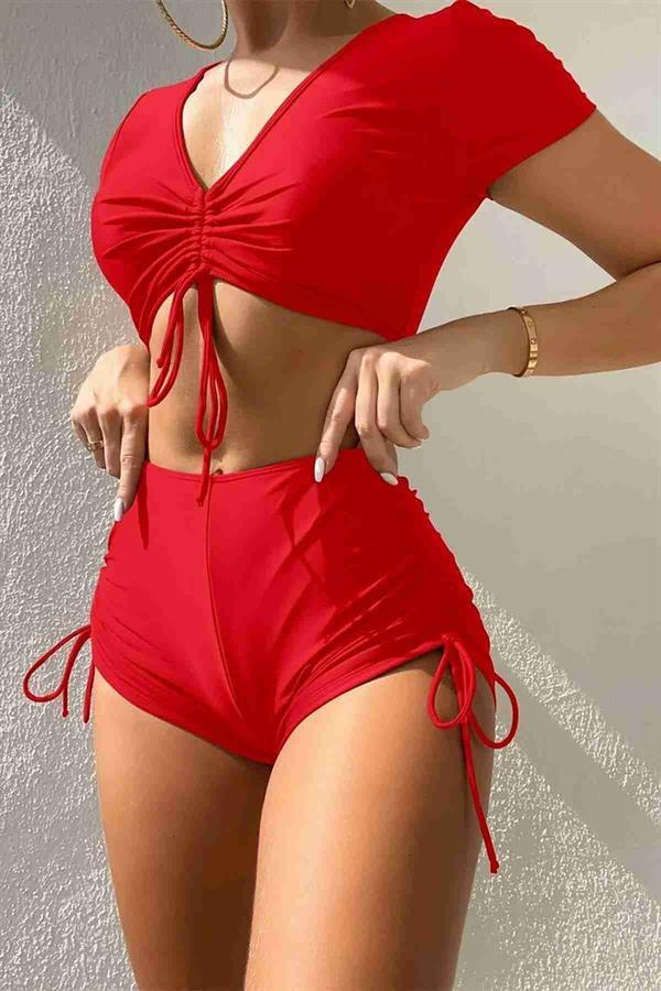 Markano Özel Tasarım Yarım Kol Büzgü Detaylı Bikini Takım Kırmızı