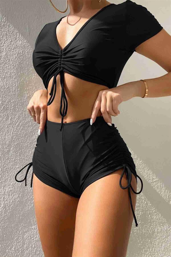 Markano Özel Tasarım Yarım Kol Büzgü Detaylı Bikini Üstü Siyah