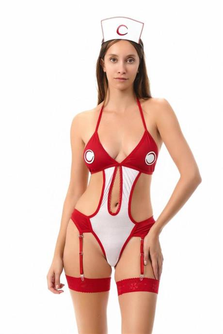 Markano Seksi Kırmızı Beyaz Önü Açık Şık Jartiyerli Hemşire Kostümü