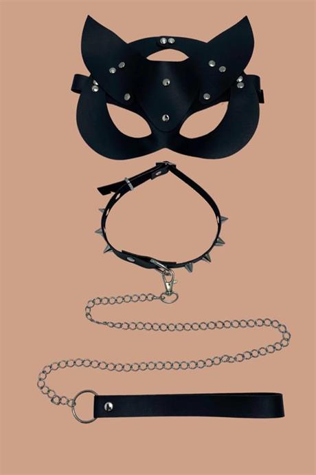 Markano Siyah Maske Ve Çivili Zincirli Tasma Set Aksesuar