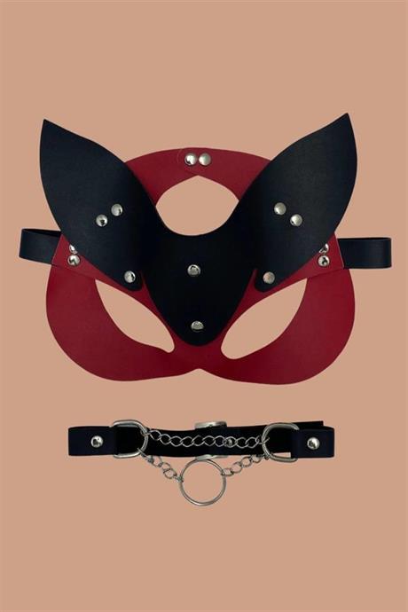 Markano Siyah/Kırmızı Maske Ve Çivili  Tasma Deri Sexi Set
