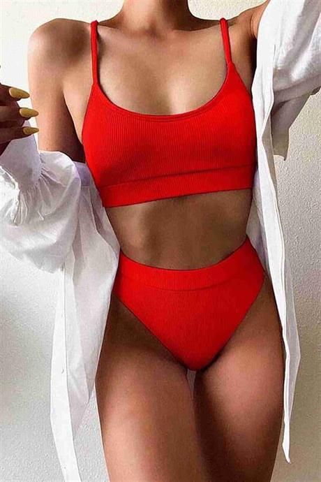 Markano Yüksek Bel Fitilli Kumaş Tankini Bikini Üstü Kırmızı