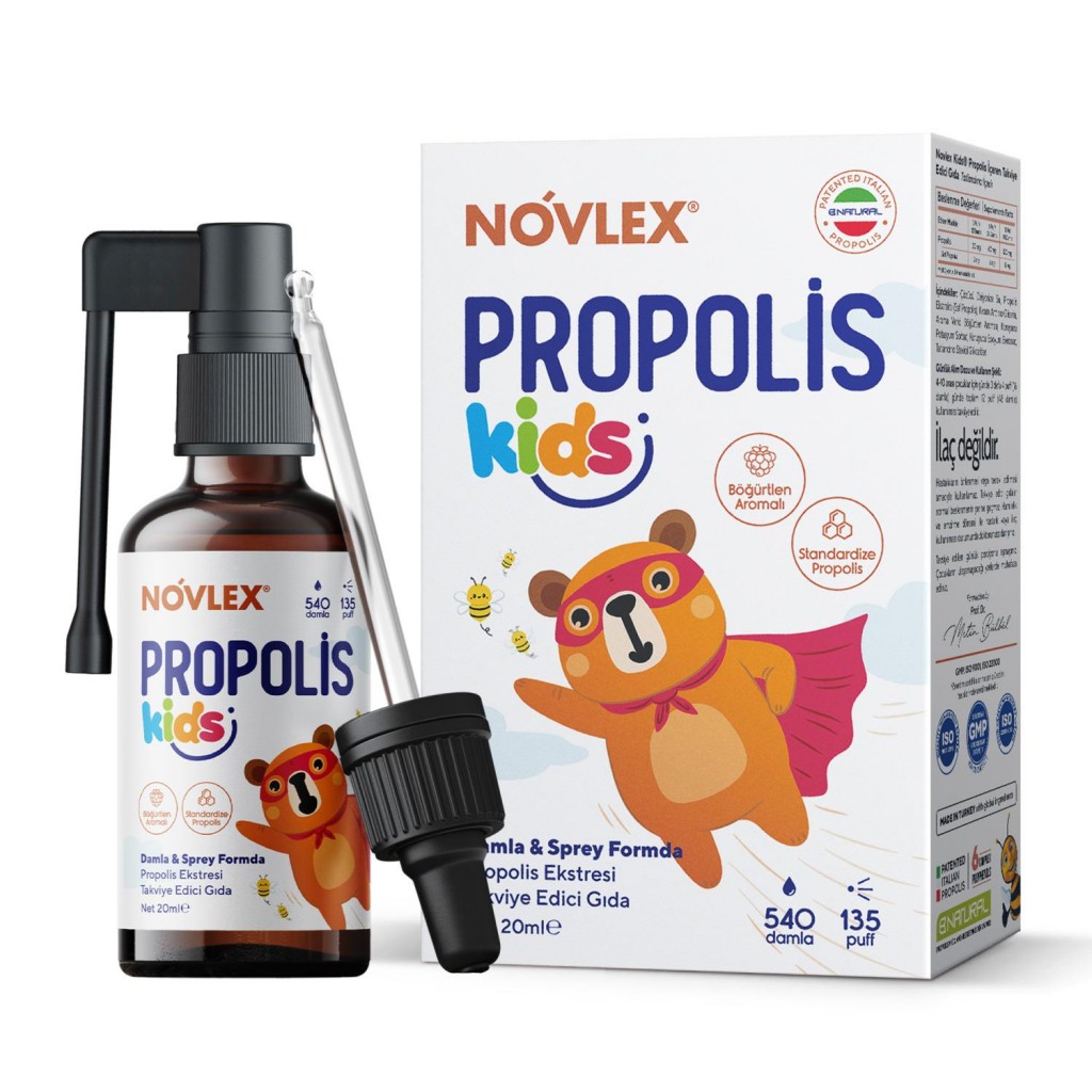 Novlex® Propolis Kids Ekstrakt (Su Bazlı-Alkolsüz) Böğürtlen Aromalı Sprey & Damla (540 Damla) Takviye Edici Gıda 20Ml