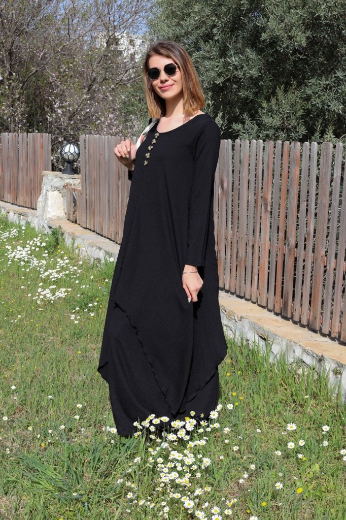 Barbora Keten Günlük Yazlık Salaş Kadın İki Katlı  Elbise Bt225Siyah3