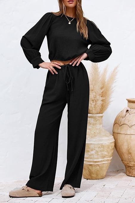 Barbora Keten Yazlık Yüksel Bel Pantolon Balon Kol Tasarım Bluz İkili Takım Alt Üst Ln25Siyah