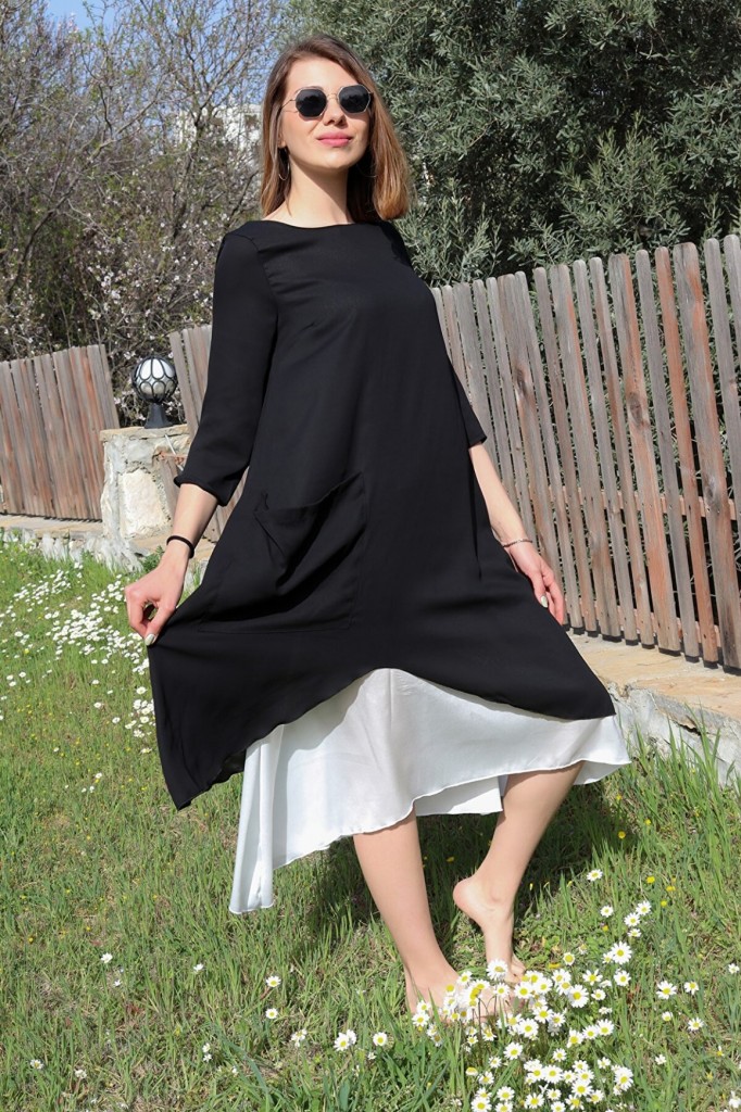 Barbora Keten Yazlık Günlük Tasarım Kadın Elbise 263Siyah