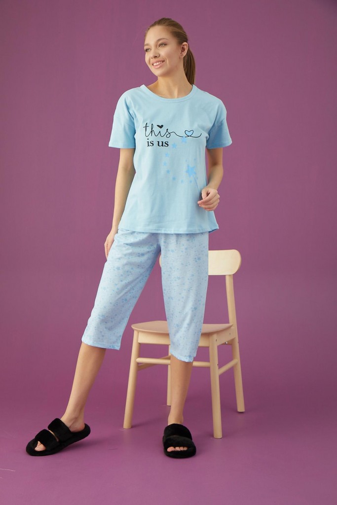 Bayan Yıldız Baskılı Kapri Pijama Takımı (2201-24)