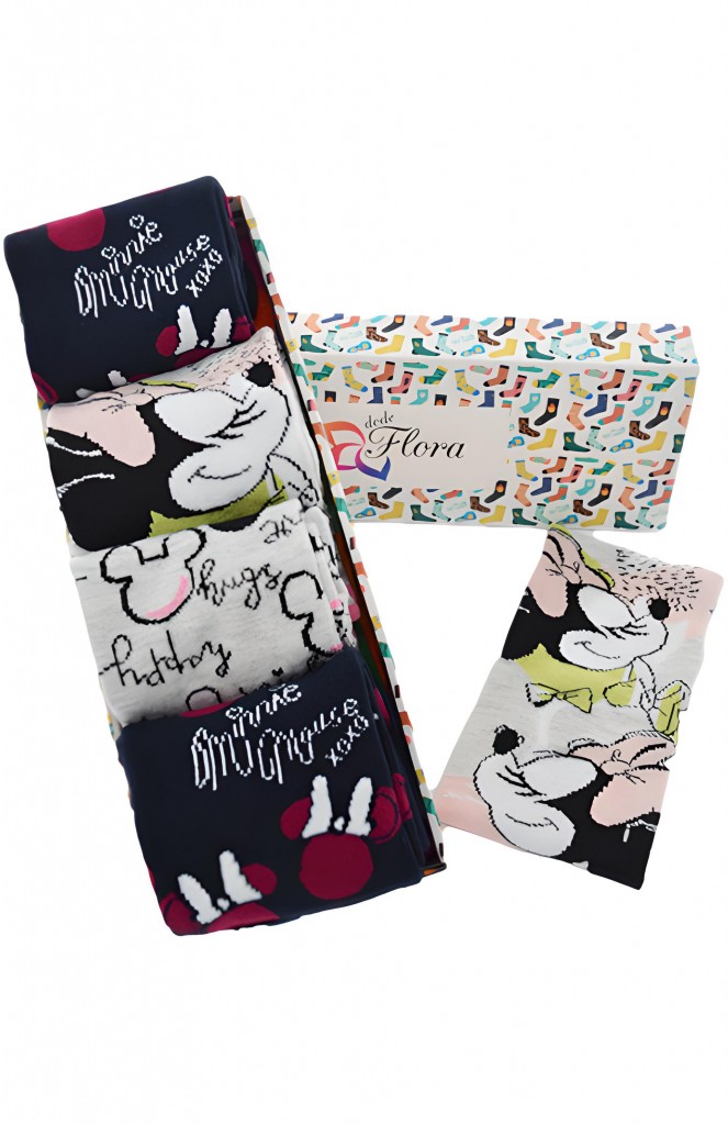 Dode Flora Disnep Kadın Çizgi Film Minnie Mouse Desenli Pamuklu Özel Koleksiyon 4 Lü Kutu Hediyeli Çorap Seti