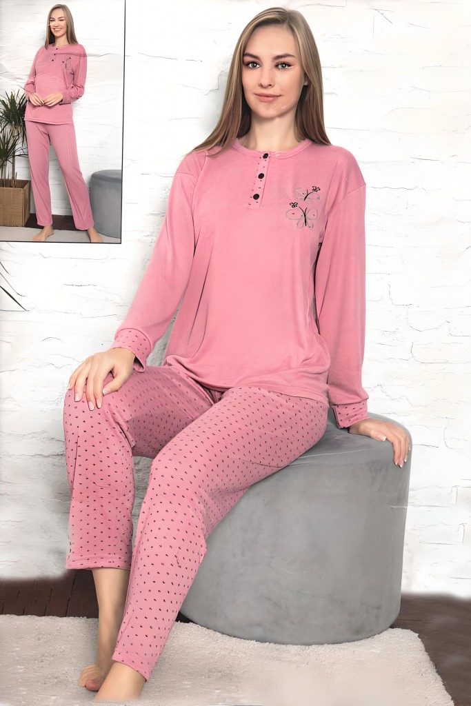 Fawn Kadın Kelebek Baskı 3 Düğme Uzun Kol Pijama Takımı (6804)