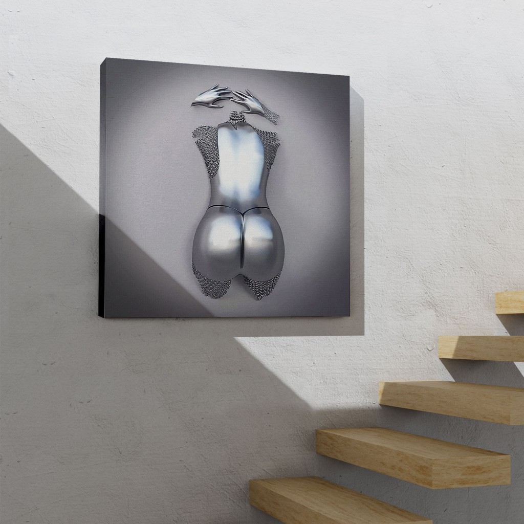 3D Efektli Gümüş İnsan, Gri Ve Gümüş Duvar Dekoru, Metalik Efektli Kanvas Tablo Karışık/Çok Renkli 90 X 90