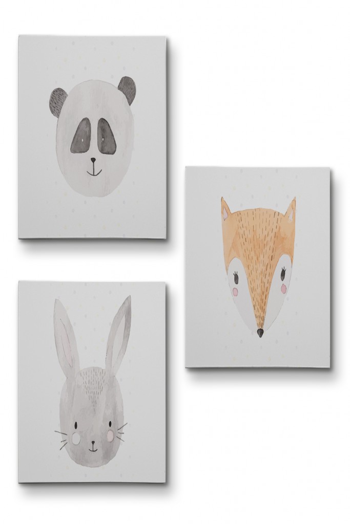 3’Lü Tablo Sevimli Hayvanlar Suluboya Görünümlü Dekoratif Kanvas Tablo Seti Beyaz 50 X 70