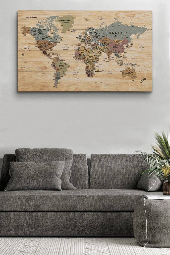 Ahşap Görünümlü Dünya Haritası Ayrıntılı Ve Dekoratif Kanvas Tablo 1813 Karışık 95 X 55