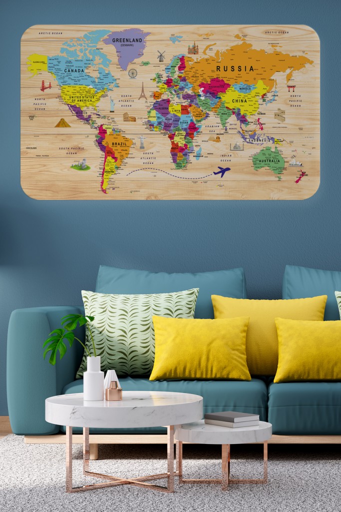 Ahşap Görünümlü Eğitici Detaylı Atlası Dekoratif Dünya Haritası Duvar Sticker  Karışık 