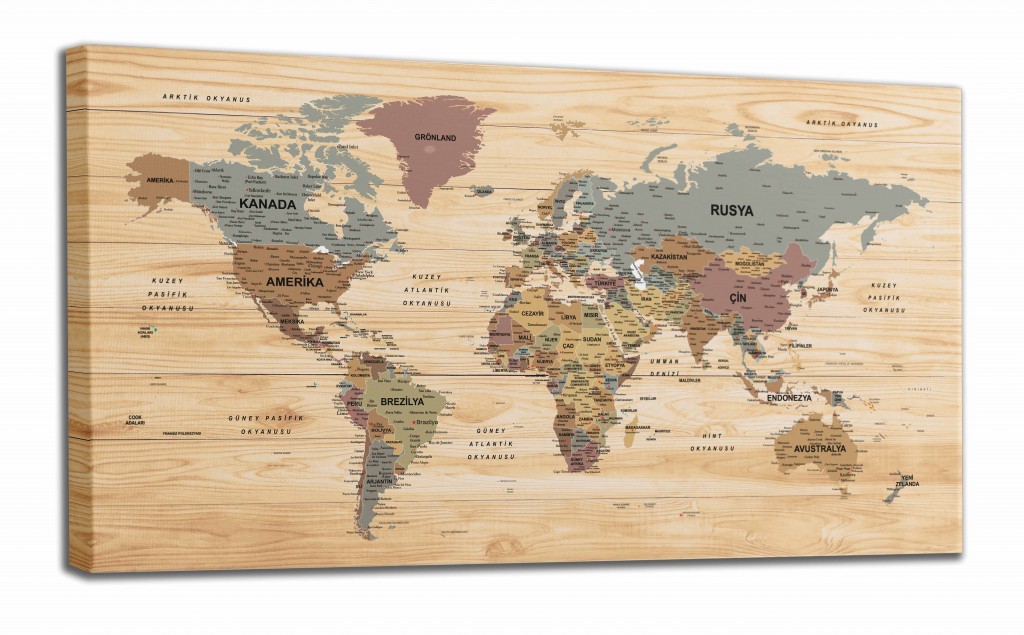 Ahşap Görünümlü Türkçe Dünya Haritası Son Derece Ayrıntılı Eğitici Ve Dekoratif Kanvas Tablo 2991 Karışık 150 X 85