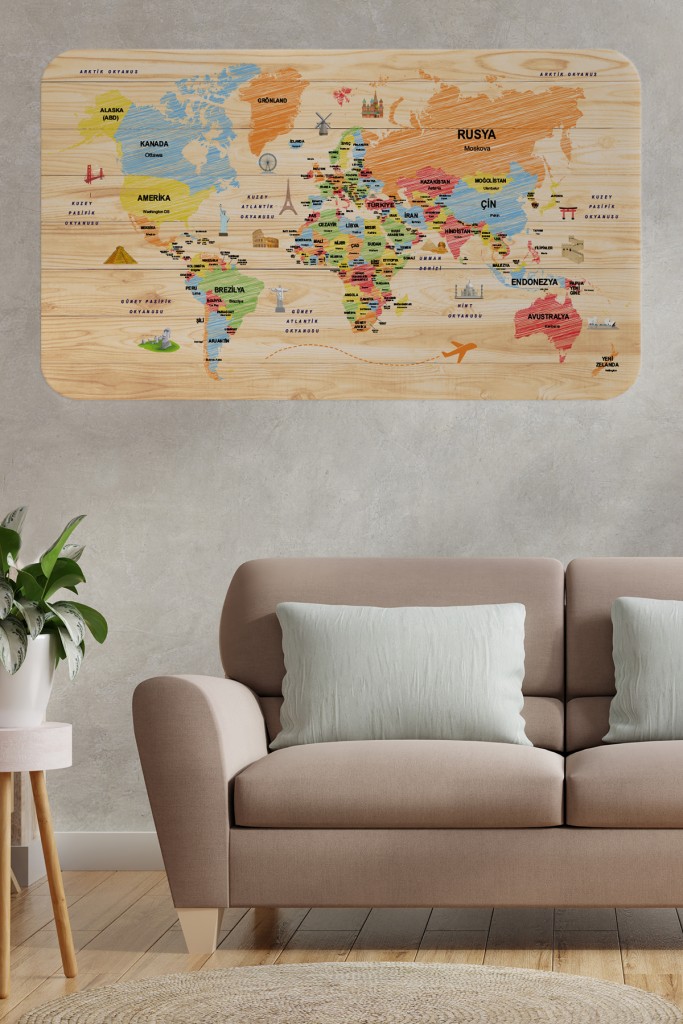 Ahşap Görünümlü Türkçe Eğitici Detaylı Atlası Dekoratif Dünya Haritası Duvar Sticker  Karışık 